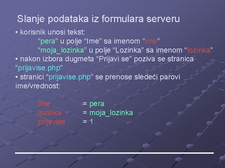 Slanje podataka iz formulara serveru • korisnik unosi tekst: “pera” u polje “Ime” sa Slanje podataka iz formulara serveru • korisnik unosi tekst: “pera” u polje “Ime” sa