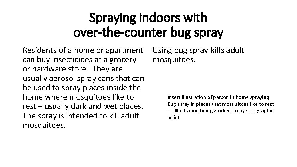 Spraying indoors with over-the-counter bug spray Residents of a home or apartment Using bug Spraying indoors with over-the-counter bug spray Residents of a home or apartment Using bug
