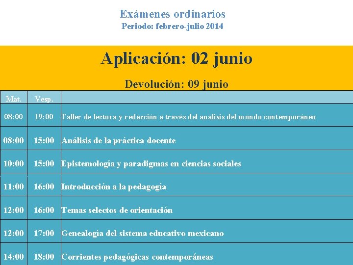 Exámenes ordinarios Periodo: febrero-julio 2014 Aplicación: 02 junio Devolución: 09 junio Mat. Vesp. 08: