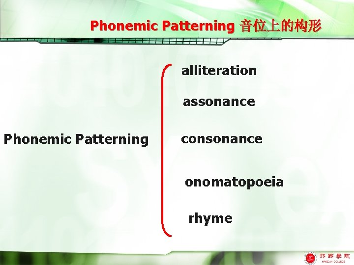 Phonemic Patterning 音位上的构形 alliteration assonance Phonemic Patterning consonance onomatopoeia rhyme 