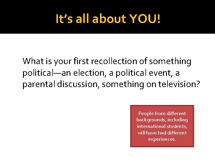 It’s all about YOU! What is your first recollection of something political—an election, a