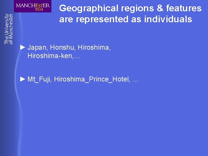 Geographical regions & features are represented as individuals ► Japan, Honshu, Hiroshima-ken, … ►