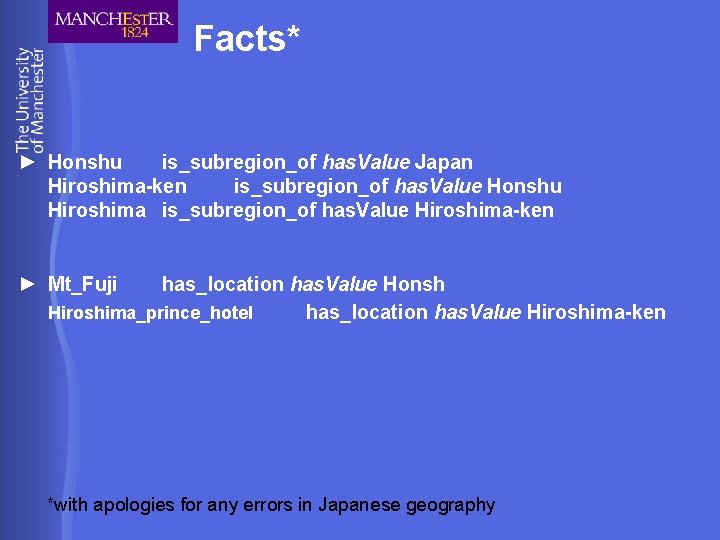 Facts* ► Honshu is_subregion_of has. Value Japan Hiroshima-ken is_subregion_of has. Value Honshu Hiroshima is_subregion_of