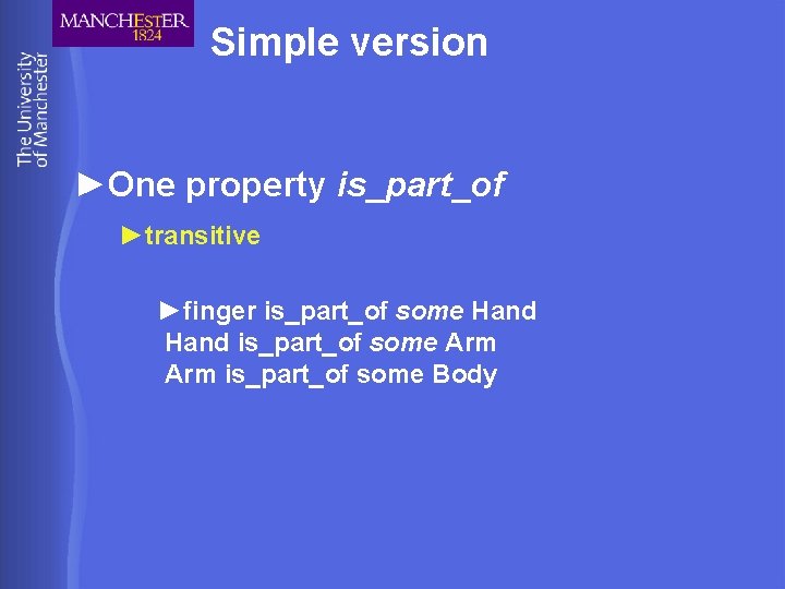 Simple version ►One property is_part_of ►transitive ►finger is_part_of some Hand is_part_of some Arm is_part_of