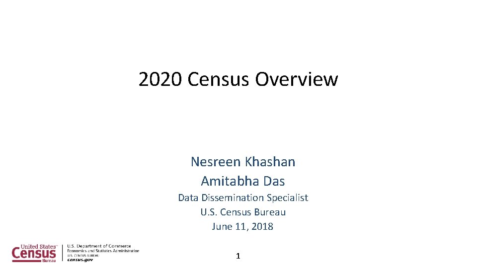 2020 Census Overview Nesreen Khashan Amitabha Das Data Dissemination Specialist U. S. Census Bureau