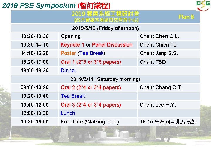 2019 PSE Symposium (暫訂議程) 2019 程序系統 程研討會 Plan B (台大實驗林溪頭自然教育中心) 2019/5/10 (Friday afternoon) 13: