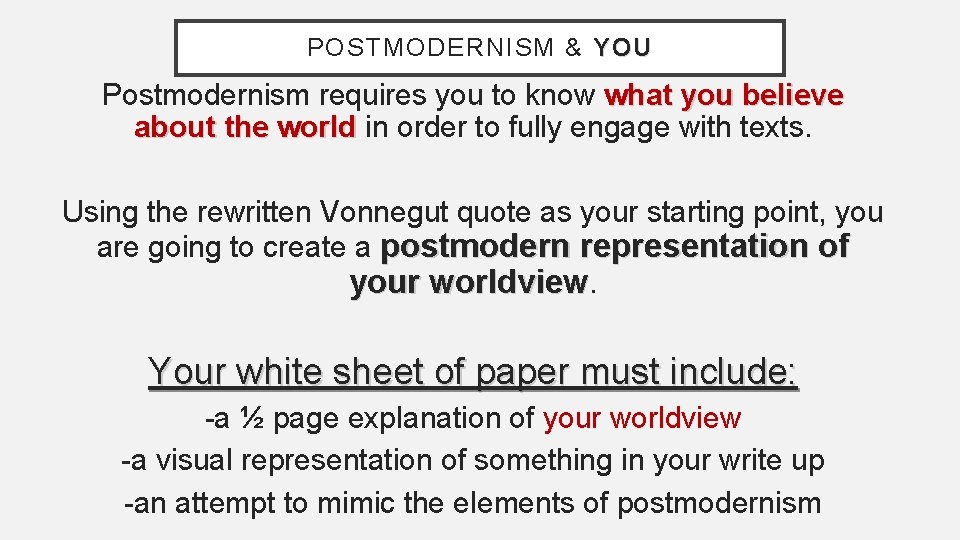 POSTMODERNISM & YOU Postmodernism requires you to know what you believe about the world