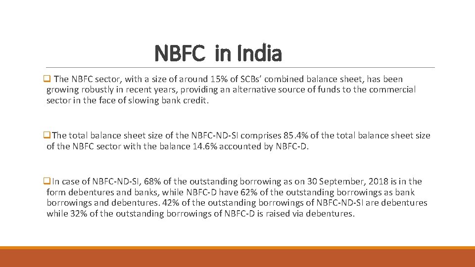 NBFC in India q The NBFC sector, with a size of around 15% of