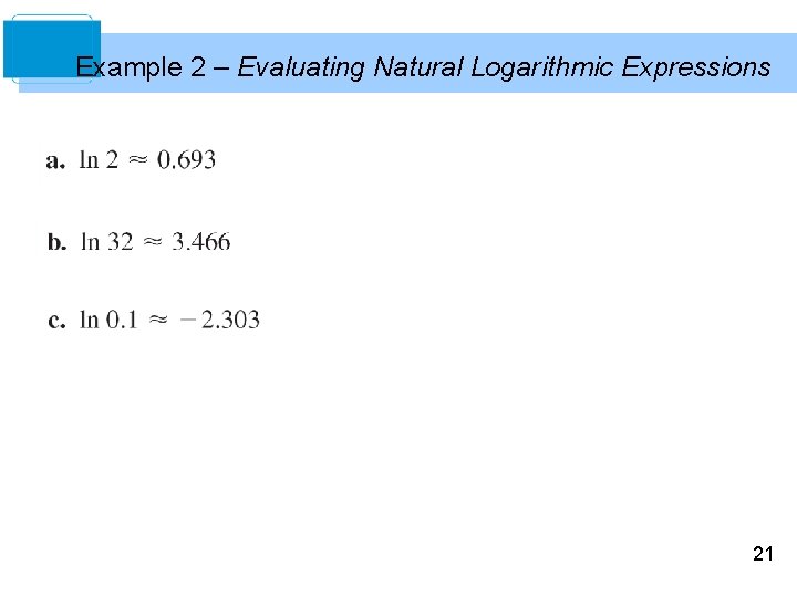 Example 2 – Evaluating Natural Logarithmic Expressions 21 