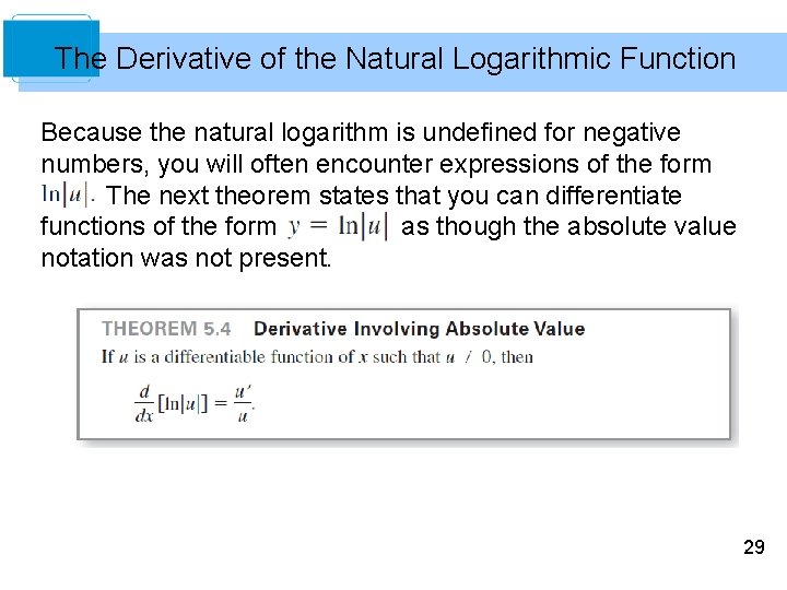 The Derivative of the Natural Logarithmic Function Because the natural logarithm is undefined for