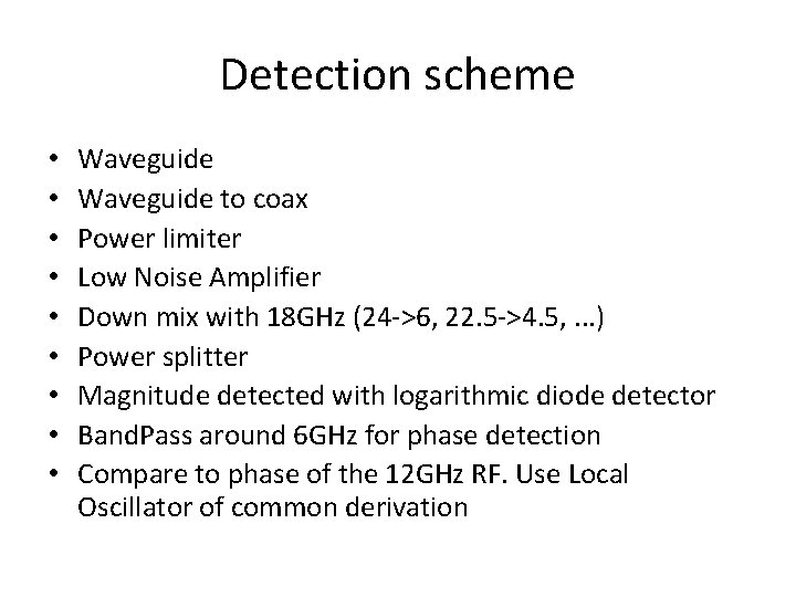 Detection scheme • • • Waveguide to coax Power limiter Low Noise Amplifier Down