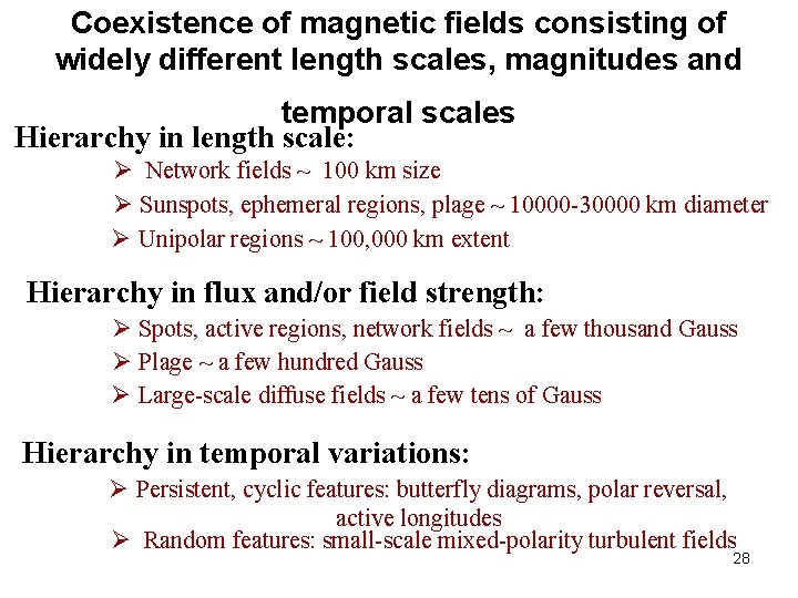 Coexistence of magnetic fields consisting of widely different length scales, magnitudes and temporal scales