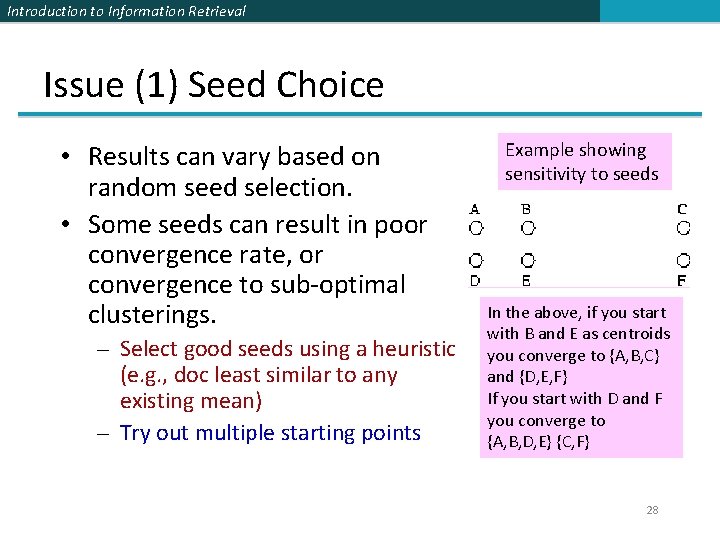 Introduction to Information Retrieval Issue (1) Seed Choice • Results can vary based on