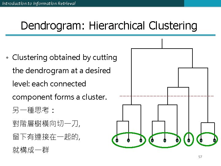 Introduction to Information Retrieval Dendrogram: Hierarchical Clustering • Clustering obtained by cutting the dendrogram