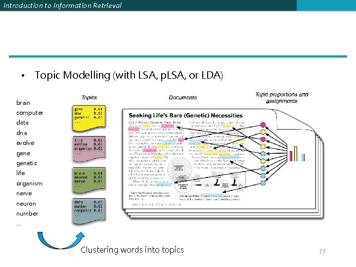 Introduction to Information Retrieval • Topic Modelling (with LSA, p. LSA, or LDA) brain