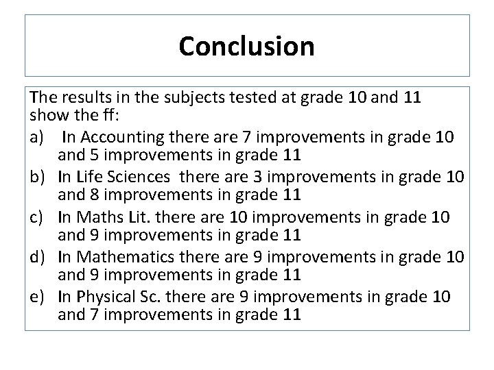 Conclusion The results in the subjects tested at grade 10 and 11 show the