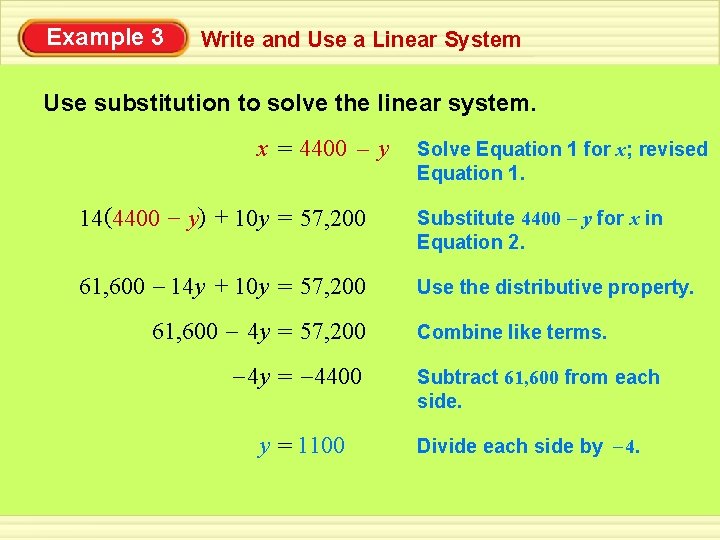 Example 3 Write and Use a Linear System Use substitution to solve the linear