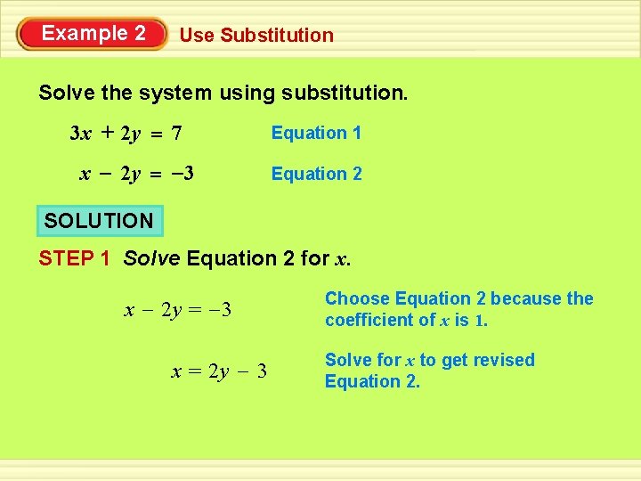 Example 2 Use Substitution Solve the system using substitution. 3 x + 2 y