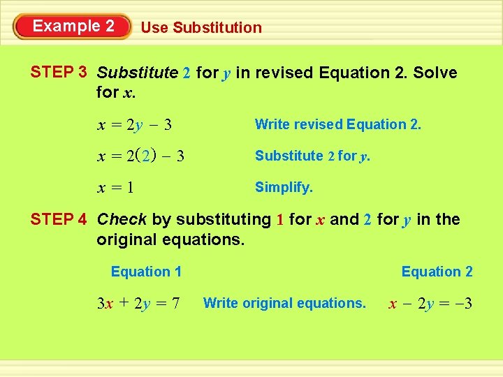 Example 2 Use Substitution STEP 3 Substitute 2 for y in revised Equation 2.