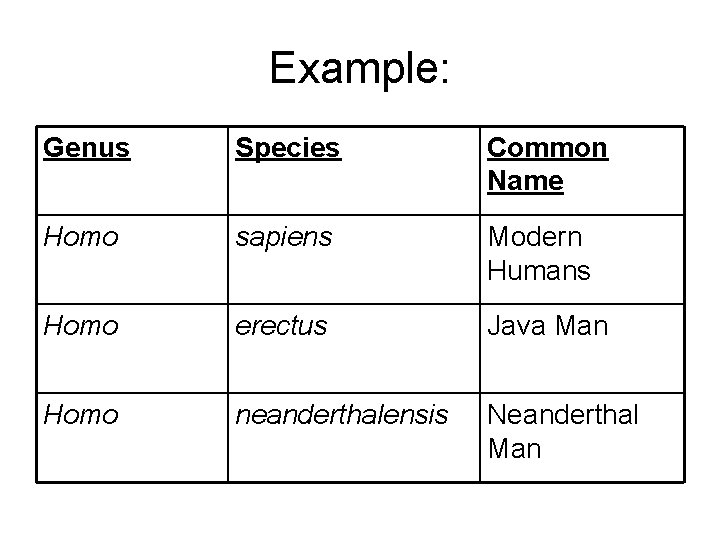 Example: Genus Species Common Name Homo sapiens Modern Humans Homo erectus Java Man Homo