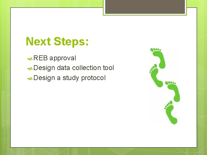 Next Steps: REB approval Design data collection tool Design a study protocol 