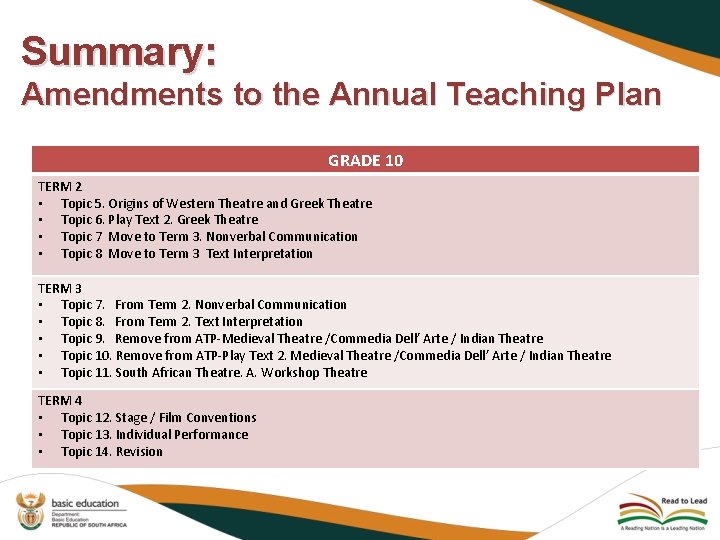 Summary: Amendments to the Annual Teaching Plan GRADE 10 TERM 2 • Topic 5.