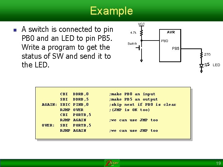 Example n A switch is connected to pin PB 0 and an LED to