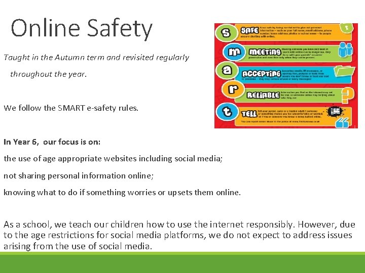 Online Safety Taught in the Autumn term and revisited regularly throughout the year. We