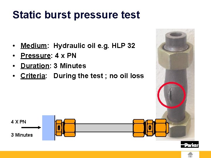 Static burst pressure test • • Medium: Hydraulic oil e. g. HLP 32 Pressure: