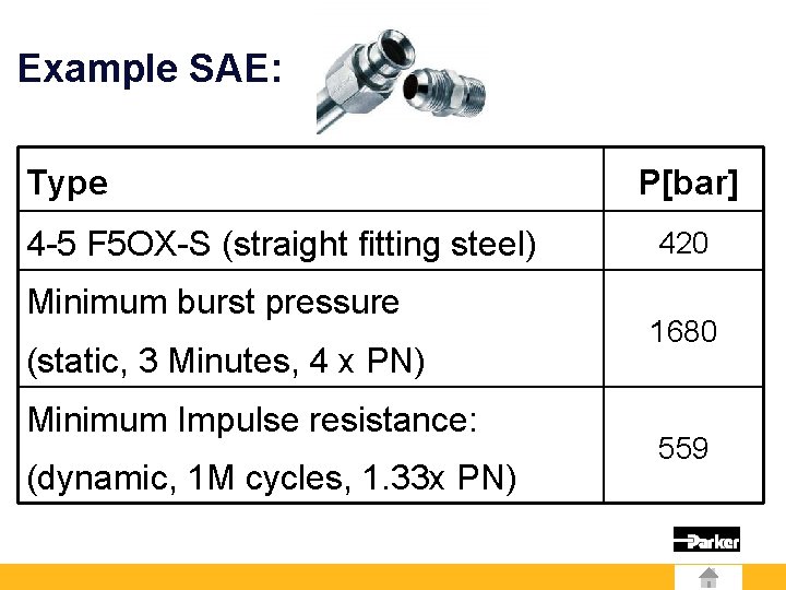Example SAE: Type 4 -5 F 5 OX-S (straight fitting steel) Minimum burst pressure