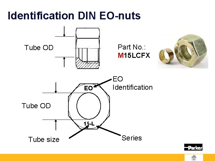 Identification DIN EO-nuts Part No. : M 15 LCFX Tube OD EO EO Identification