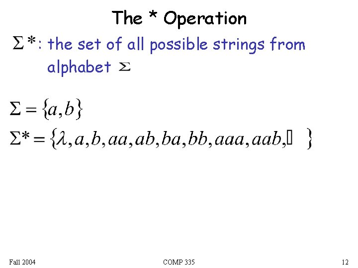 The * Operation : the set of all possible strings from alphabet Fall 2004