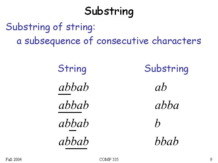 Substring of string: a subsequence of consecutive characters String Fall 2004 Substring COMP 335