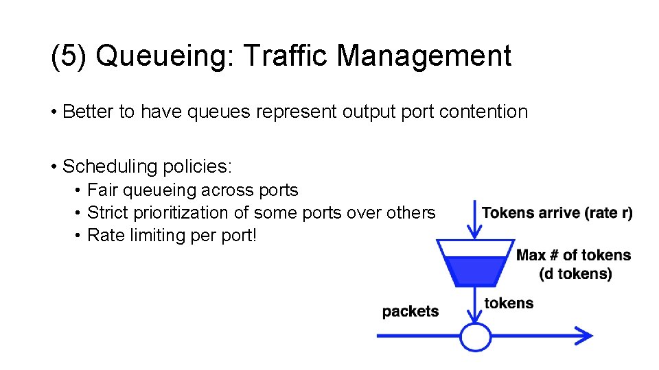 (5) Queueing: Traffic Management • Better to have queues represent output port contention • (5) Queueing: Traffic Management • Better to have queues represent output port contention •