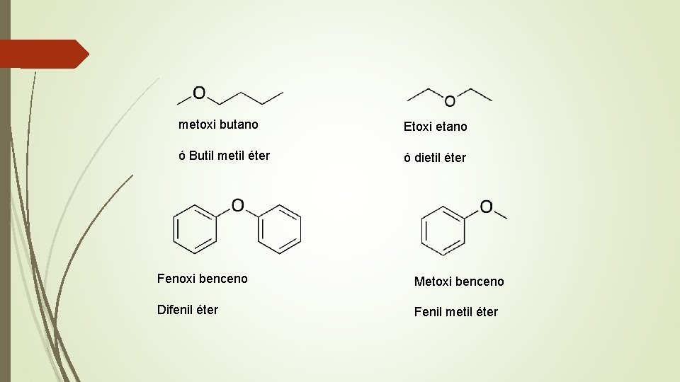 metoxi butano Etoxi etano ó Butil metil éter ó dietil éter Fenoxi benceno Metoxi