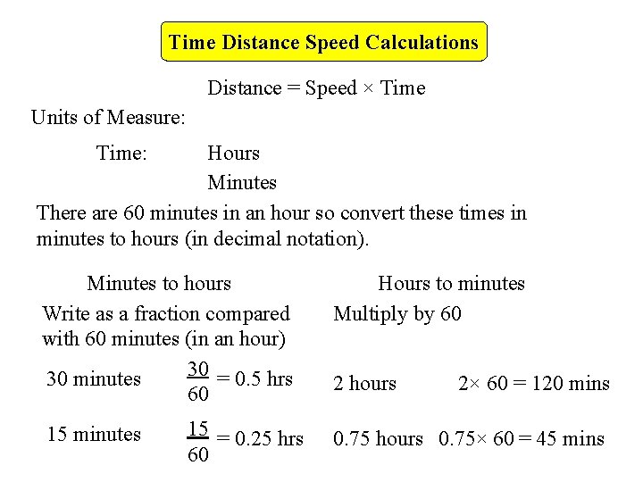 Time Distance Speed Calculations Distance = Speed × Time Units of Measure: Time: Hours