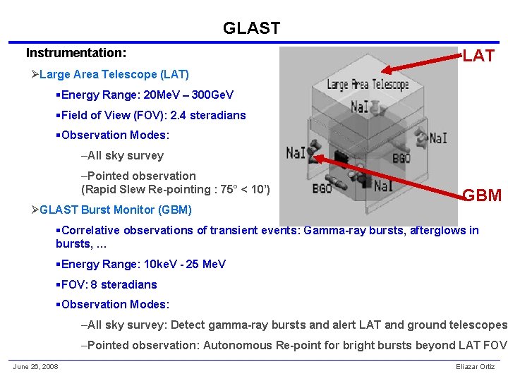 GLAST Instrumentation: LAT ØLarge Area Telescope (LAT) §Energy Range: 20 Me. V – 300