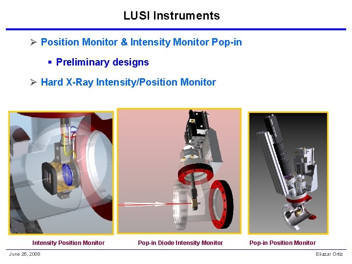 LUSI Instruments Ø Position Monitor & Intensity Monitor Pop-in § Preliminary designs Ø Hard