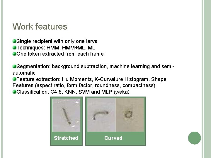 Work features Single recipient with only one larva Techniques: HMM, HMM+ML, ML One token Work features Single recipient with only one larva Techniques: HMM, HMM+ML, ML One token