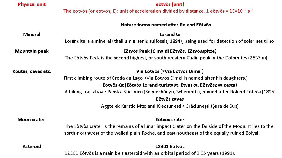 Physical unit eötvös (unit) The eötvös (or eotvos, E): unit of acceleration divided by