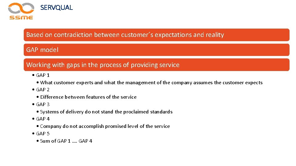 SERVQUAL Based on contradiction between customer´s expectations and reality GAP model Working with gaps