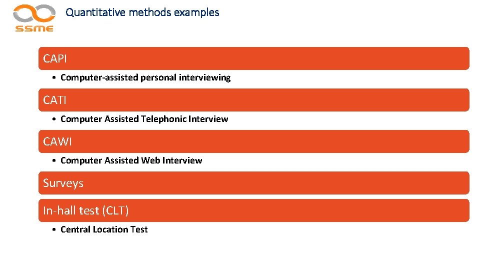 Quantitative methods examples CAPI • Computer-assisted personal interviewing CATI • Computer Assisted Telephonic Interview