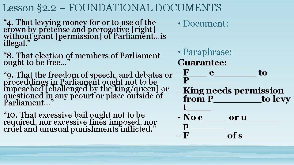 Lesson § 2. 2 – FOUNDATIONAL DOCUMENTS “ 4. That levying money for or
