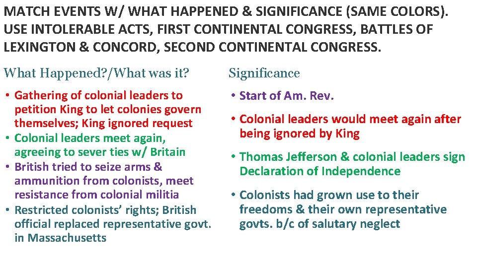 MATCH EVENTS W/ WHAT HAPPENED & SIGNIFICANCE (SAME COLORS). USE INTOLERABLE ACTS, FIRST CONTINENTAL