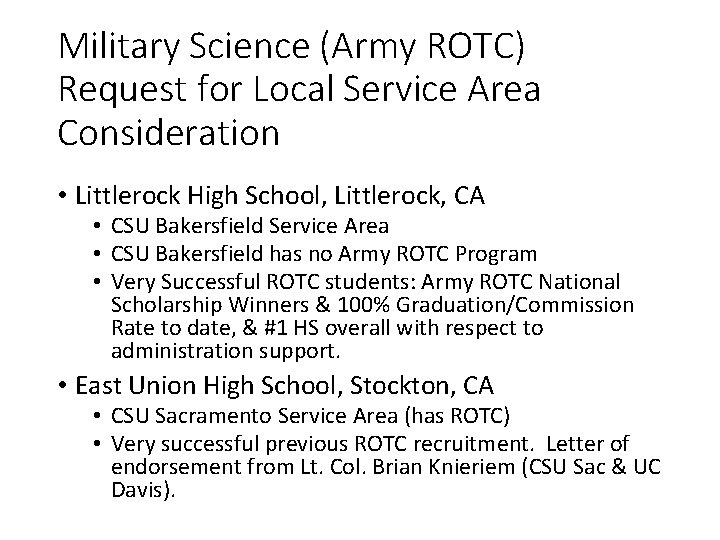 Military Science Army ROTC Request for Local Service