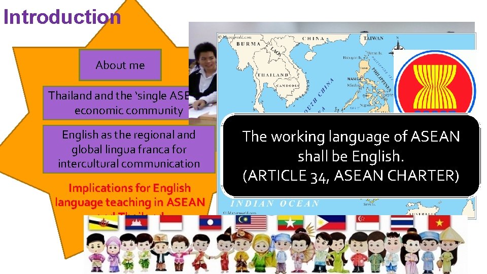 Introduction About me Thailand the ‘single ASEAN’ economic community English as the regional and