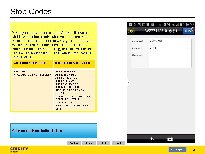 Astea Mobile App Training Labor Activity Stop Codes