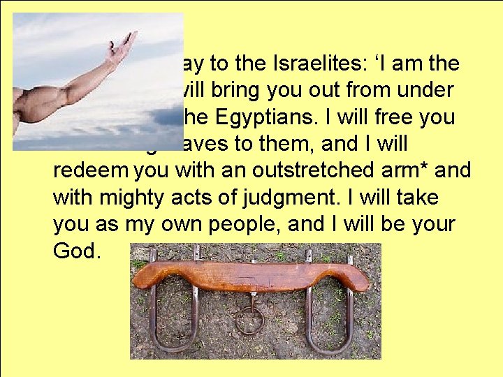 “Therefore, say to the Israelites: ‘I am the LORD, and I will bring you