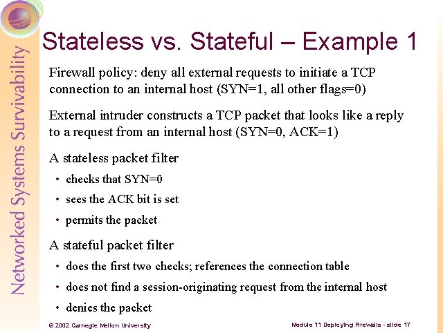 Stateless vs. Stateful – Example 1 Firewall policy: deny all external requests to initiate