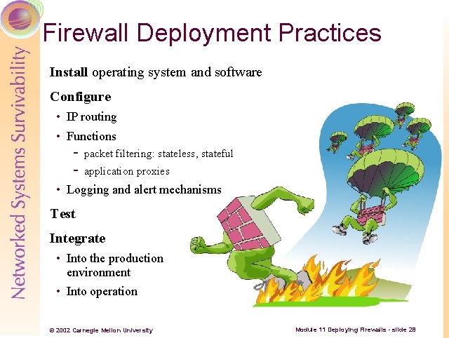 Firewall Deployment Practices Install operating system and software Configure • IP routing • Functions